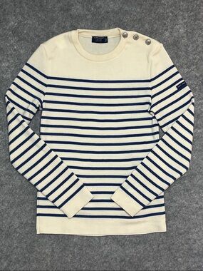 Saint James Cream and Navy Striped Crewneck Sweater